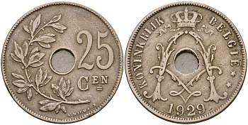 Бельгия 25 сантимов 1929 KM 69 медно-никель 4165-411