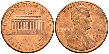 США 1 цент 1998 D, Линкольн KM 201b цинк плакированный медью 4115-927