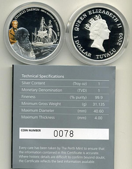ТУВАЛУ 1 ДОЛЛАР 2009 ЧАРЛЬЗ ДАРВИН, эмаль серебро PROOF Ш2