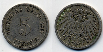 ГЕРМАНИЯ 5 ПФЕННИГОВ 1897 A, KM 11, J. 12 медно-никель 51-5265