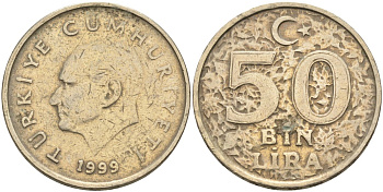 Турция 50000 лир 1999 Кемаль Ататюрк KM 1056 медь никель цинк 4574-1131