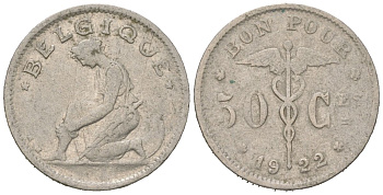 Бельгия 50 сантимов 1922 BELGIQUE, Альберт I (1909-1934) KM 87 никель 4617-712