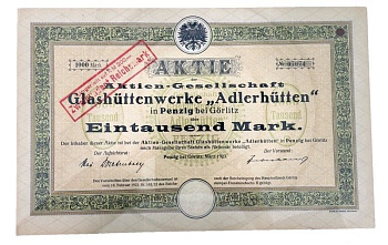Германия акция в 1000 марок 1923 Акционерное общество стекольных заводов «Glashüttenwerke Adlerhütten» в Пенциге близ Гёрлица бумага 5555-22