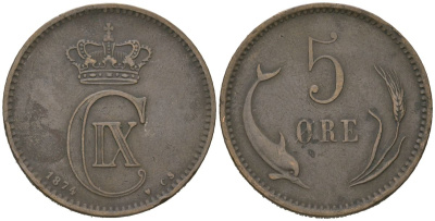 Дания 5 эре 1874 CS, Кристиан IX (1863-1906) KM 794 бронза 4171-835