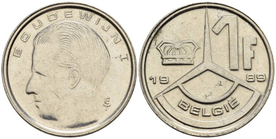 БЕЛЬГИЯ 1 ФРАНК 1989 BELGIE KM 171 сталь плакированная никелем 4528-1046