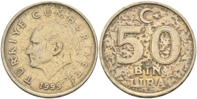 Турция 50000 лир 1999 Кемаль Ататюрк KM 1056 медь никель цинк 4574-1131
