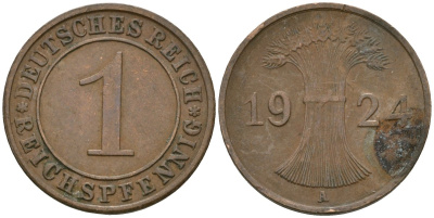 Германия 1 рейхспфенниг 1924 A KM 37, J. 313 бронза 4189-1049