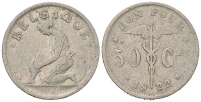 Бельгия 50 сантимов 1922 BELGIQUE, Альберт I (1909-1934) KM 87 никель 4617-712