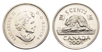 Канада 5 центов 2005 P, Елизавета II (1952-2022), бобр KM 491 сталь плакированная никелем UNC 4639-532