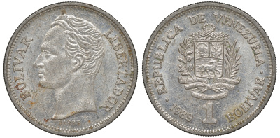 Венесуэла 1 боливар 1989 тонкий шрифт Y 52a.2 сталь плакированная никелем 4606-532
