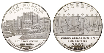 США 1 доллар 2007 P, Десегрегация в образовании - школа в Литл-Рок, в оригинальной коробке, с сертификатом KM 418 серебро PROOF 1-4-3-40