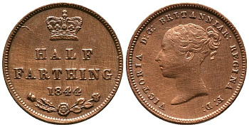 Великобритания 1/2 фартинга 1844 Виктория (1837-1901) KM 738, Spink 3951 медь 1518-725
