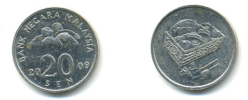 Малайзия 20 сенов 2009 цветок KM 52 медно-никель 176-1024