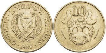 КИПР 10 ЦЕНТОВ 1985 ВАЗА С ПТИЧКАМИ KM 56.2 никель латунь 175-236