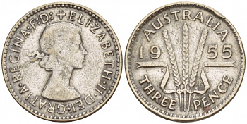 Австралия 3 пенса 1955 m, Елизавета II (1952-2022) KM 57 серебро 4547-969