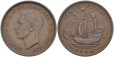 Великобритания 1/2 пенни 1948 Георг VI (1936-1952) KM 844, Spink 4115 бронза 4153-833