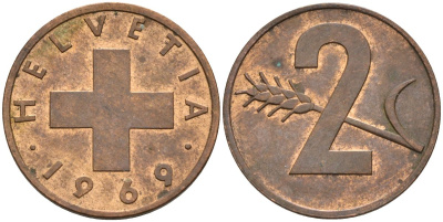 Швейцария 2 раппена 1969 KM 47 бронза 4592-545