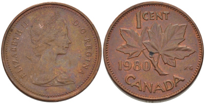 Канада 1 цент 1980 Елизавета II (1952-2022), кленовый лист KM 127 бронза 75-824
