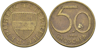 Австрия 50 грошей 1960 KM 2885 алюминиевая бронза 4580-222