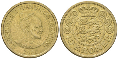 Дания 10 крон 2002 Маргрете II (1972-2024), редкий год KM 887 алюминиевая бронза 4616-746