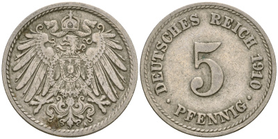 Германия 5 пфеннигов 1910 A, KM 11, J. 12 медно-никель 4364-2554