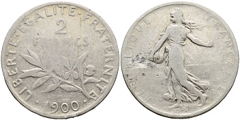 Франция 2 франка 1900 KM 845.1 серебро 4178-1113