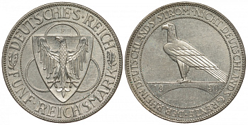 Германия 5 марок 1930 F, освобождение Рейнланда J. 346, KM 71 серебро aUNC 00-804-06