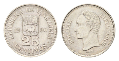 Венесуэла 25 сентимо 1990 Симон Боливар Y 50a сталь плакированная никелем UNC 4668-1034