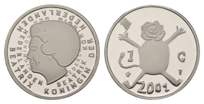 Нидерланды 1 гульден 2001 Последний гульден, детский рисунок - лев с флагом в руках, в оригинальном футляре, с сертификатом KM 233 никель PROOF 4-3-2-30