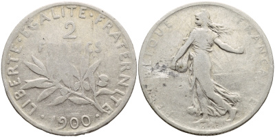 Франция 2 франка 1900 KM 845.1 серебро 4178-1113