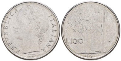 Италия 100 лир 1991 R, Афина в доспехах KM 96.2 нержавеющая сталь 4387-562