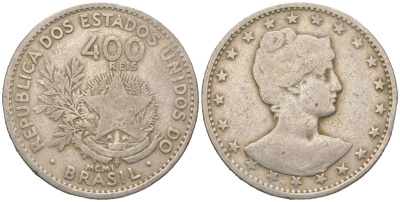 Бразилия 400 реалов 1901 MCMI, голова свободы вправо KM 505 медно-никель 4612-521