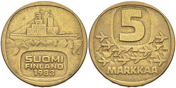 Финляндия 5 марок 1983 N, ледокол KM 57 алюминиевая бронза 3855-1213
