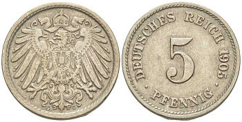ГЕРМАНИЯ 5 ПФЕННИГОВ 1905 G KM 11, J. 12 медно-никель 105-113