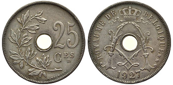 БЕЛЬГИЯ 25 САНТИМОВ 1927 BELGIQUE, АЛЬБЕРТ I (1909-1934) KM 68.1 медно-никель 27-925