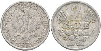 ПОЛЬША 2 ЗЛОТЫХ 1974 MW KM 46 алюминий 4557-1036