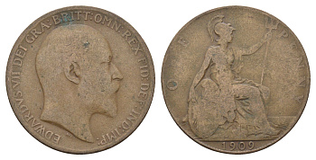 Великобритания 1 пенни 1909 Эдуард VII (1901-1910) KM 794.2, Spink 3990 бронза 4661-516