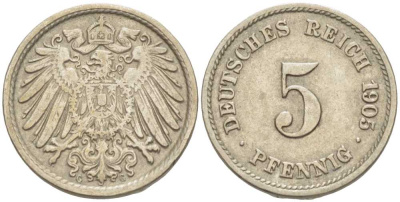 ГЕРМАНИЯ 5 ПФЕННИГОВ 1905 G KM 11, J. 12 медно-никель 105-113