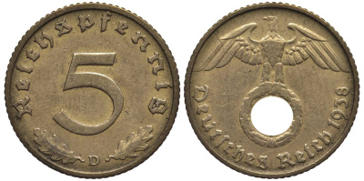 ГЕРМАНИЯ 5 РЕЙХСПФЕННИГОВ 1938 D KM 91, Jager 363 алюминиевая бронза 4547-648