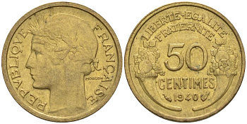 ФРАНЦИЯ 50 САНТИМОВ 1940 ТИП MORLON KM 894.1, LE FRANC 192.17 алюминиевая бронза 44-756