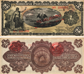 Мексика, Революция 1 песо 1915 Переходное правительство Мексики, город Мехико, надпечатка REVALIDADO Pick S701b бумага 6283-16-2