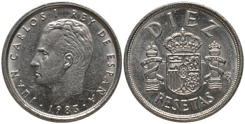 ИСПАНИЯ 10 ПЕСЕТ 1983 ХУАН КАРЛОС I KM 827 медно-никель 181-215