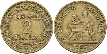 ФРАНЦИЯ 2 ФРАНКА 1926 KM 877 алюминиевая бронза 1515-424