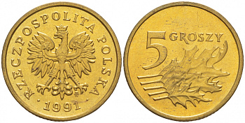 ПОЛЬША 5 ГРОШЕЙ 1991 MW KM 278 латунь 4549-116