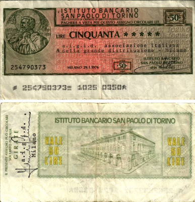 Италия чек на 50 лир 1976 Милан, 29 января 1976, (instituto Bancario SAN Paolo Di TORINO) бумага 6280-33-1-2