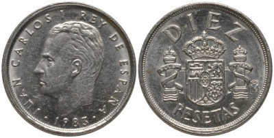 ИСПАНИЯ 10 ПЕСЕТ 1983 ХУАН КАРЛОС I KM 827 медно-никель 181-215