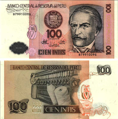 Перу 100 инти 1987 Рамон Кастилья, прядильная машина Pick 133 бумага UNC (пресс) 8518-49-2-1