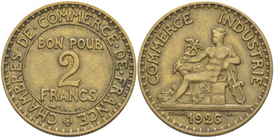ФРАНЦИЯ 2 ФРАНКА 1926 KM 877 алюминиевая бронза 1515-424