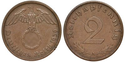 Германия 2 рейхспфеннига 1939 A - Берлин KM 90 бронза 4173-646