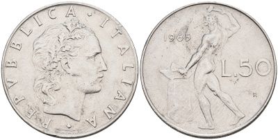 Италия 50 лир 1965 R, бог огня Вулкан у наковальни KM 95.1 нержавеющая сталь 4595-357